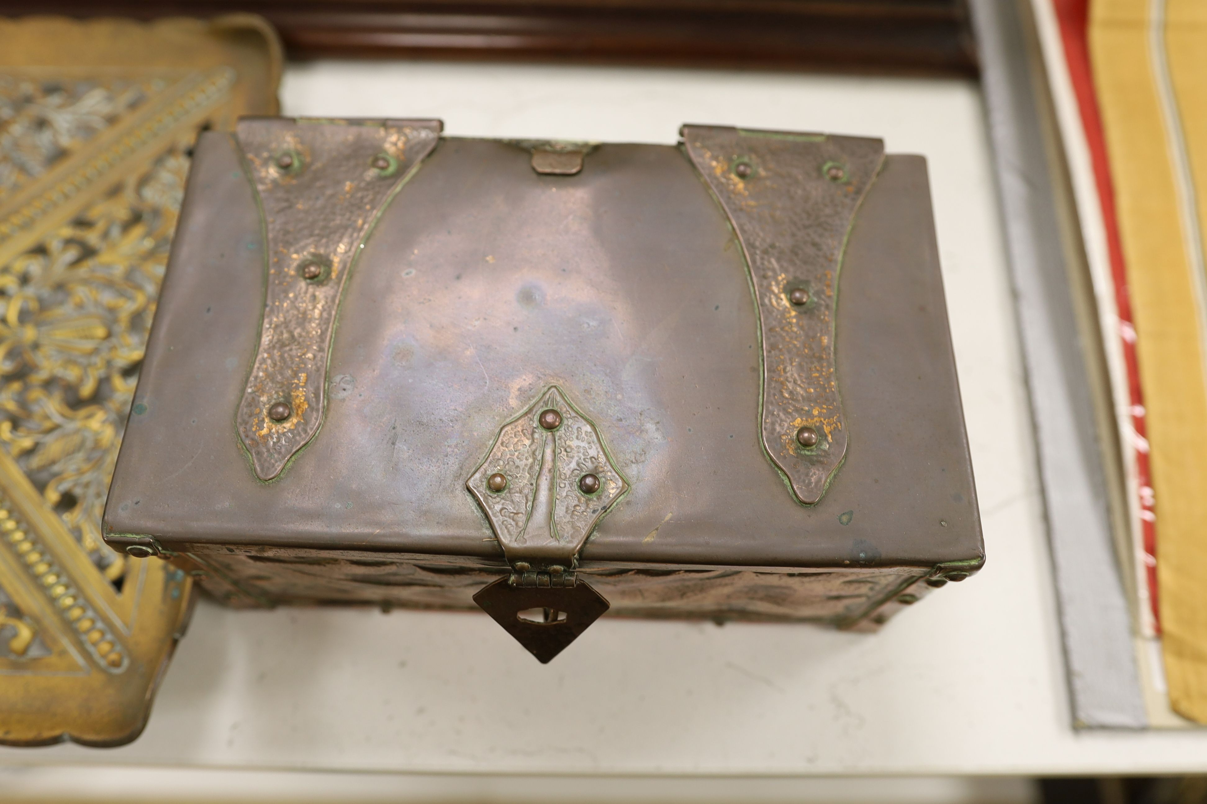 A Meerschaum pipe, a copper casket and brass stand